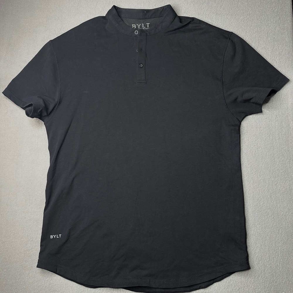 BYLT Premium Basics Lux Henley Mens XL Black Short Sleeve Curved Hem Shirt
